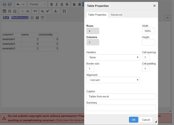 Inserted Excel Table - Properties